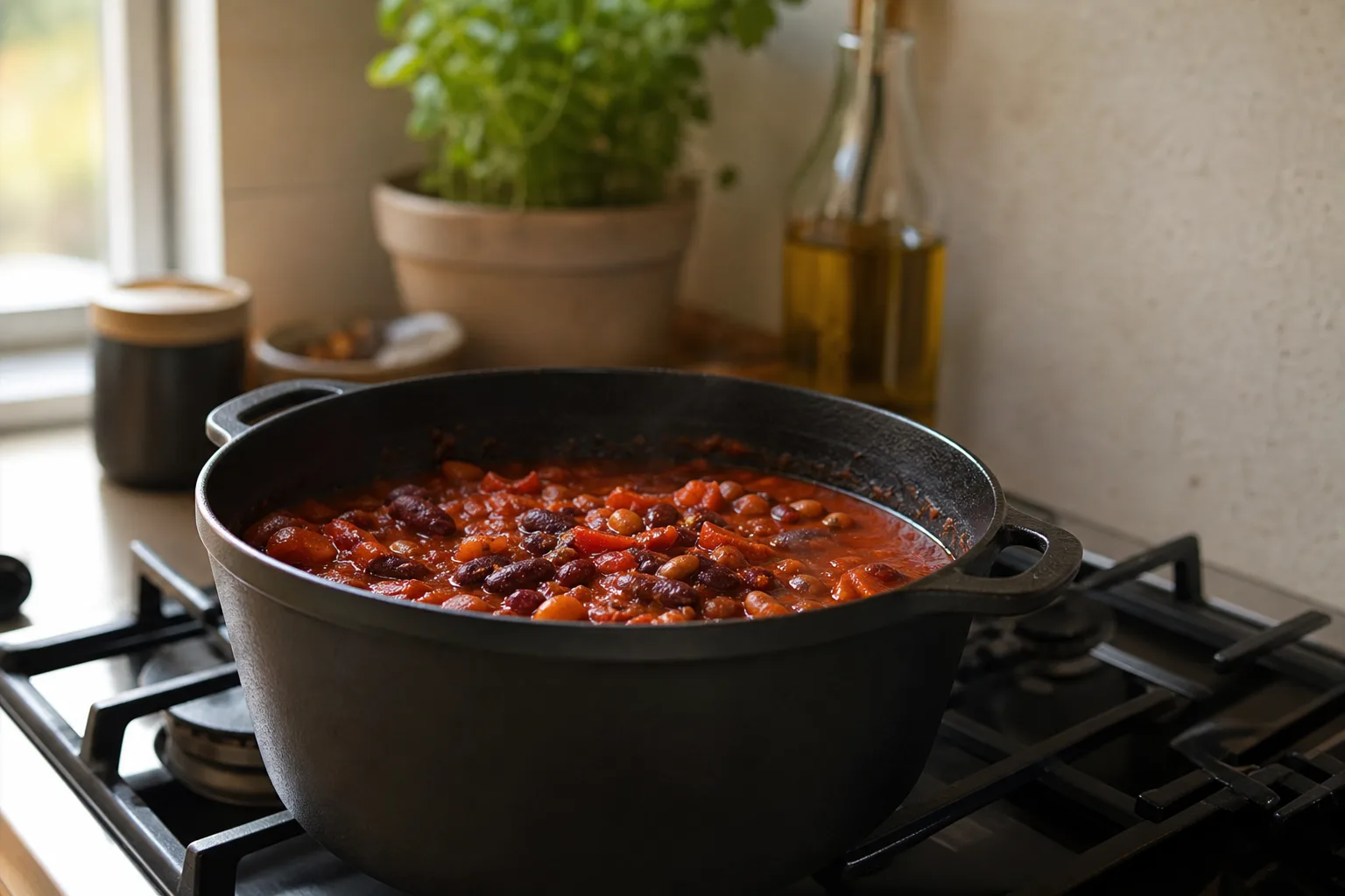 En svart gjutjärnsgryta med chili på en spis.