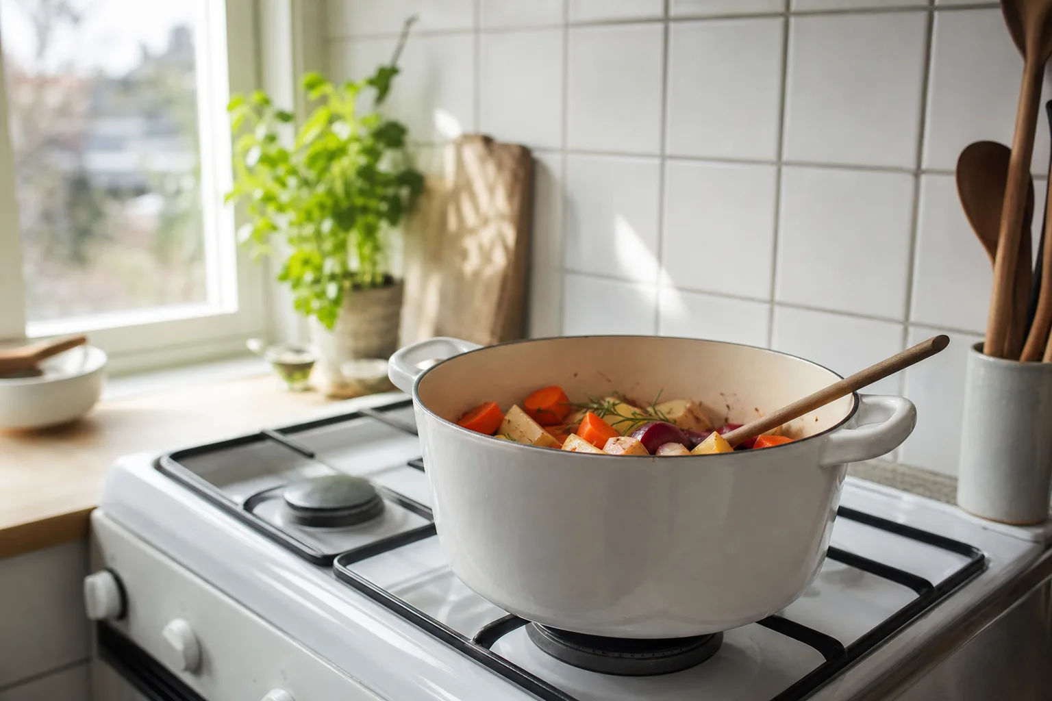 En ljus emaljerad gryta med rotfrukter på en spis.