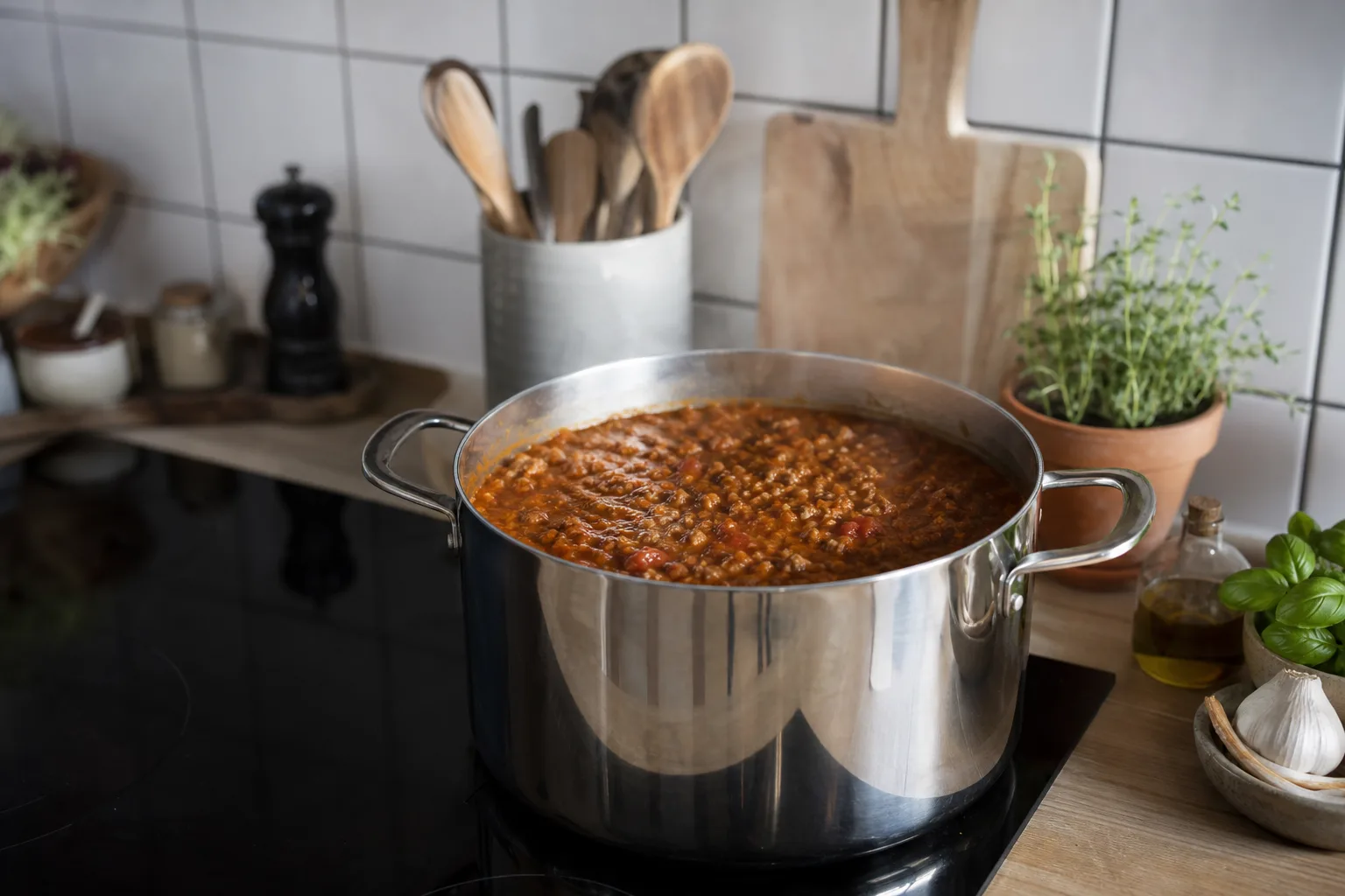En stor kastrull med pastasås på en häll.