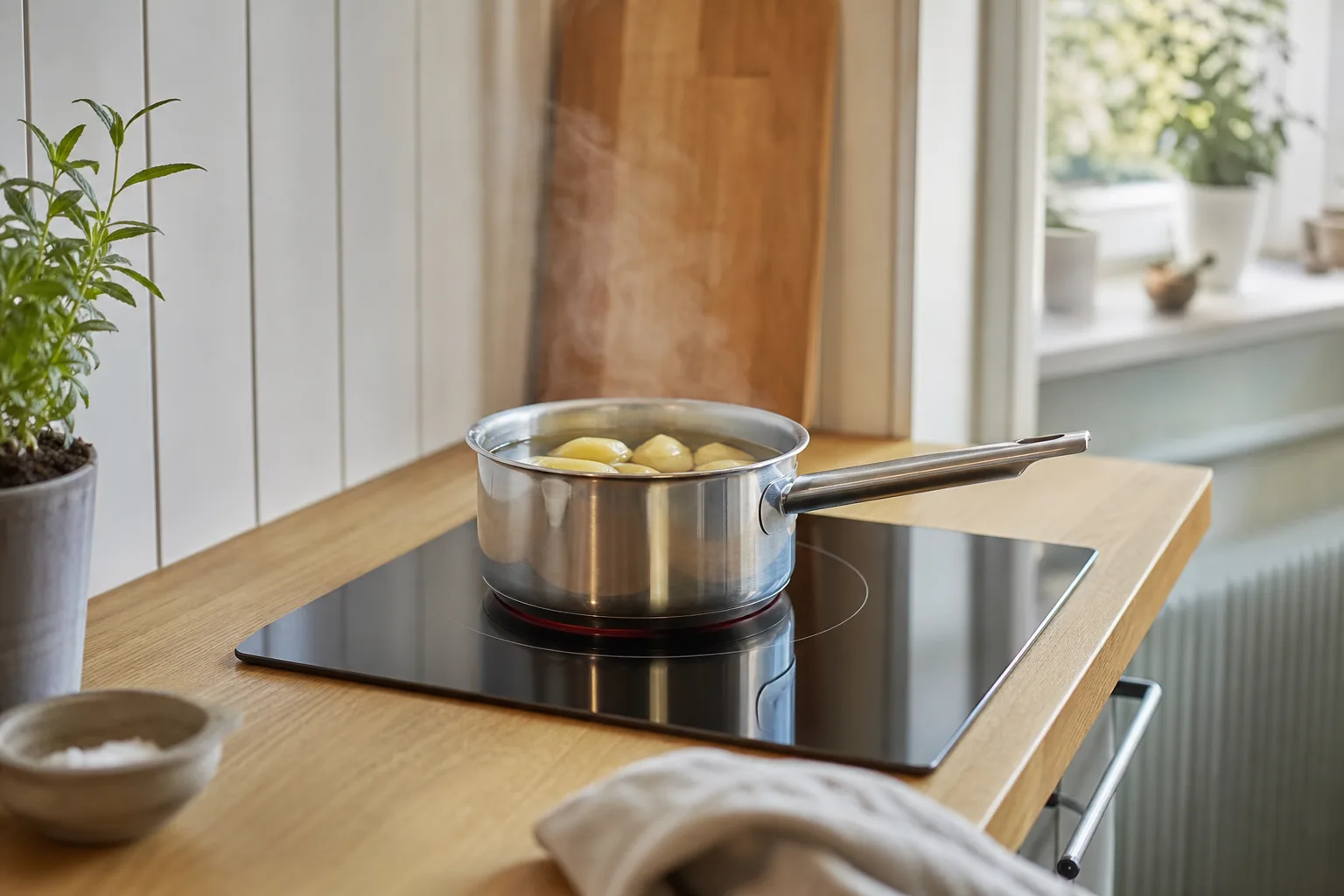 En liten kastrull med potatis på en spishäll.