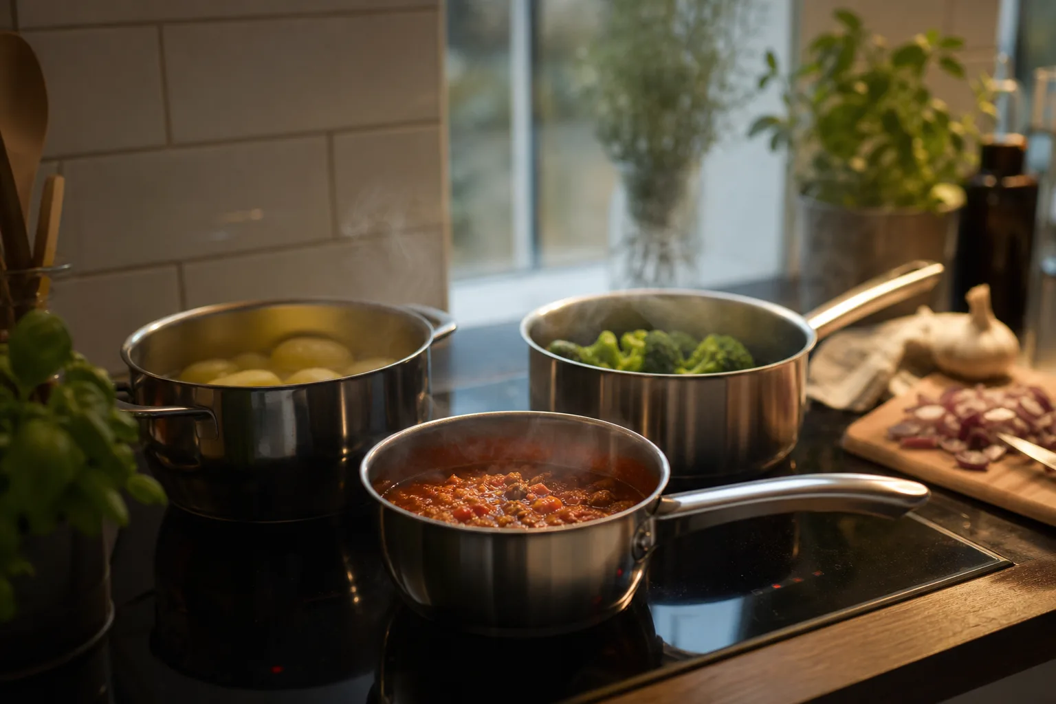 Tre varumärkesfria kastruller på en induktionshäll i ett ljust kök.