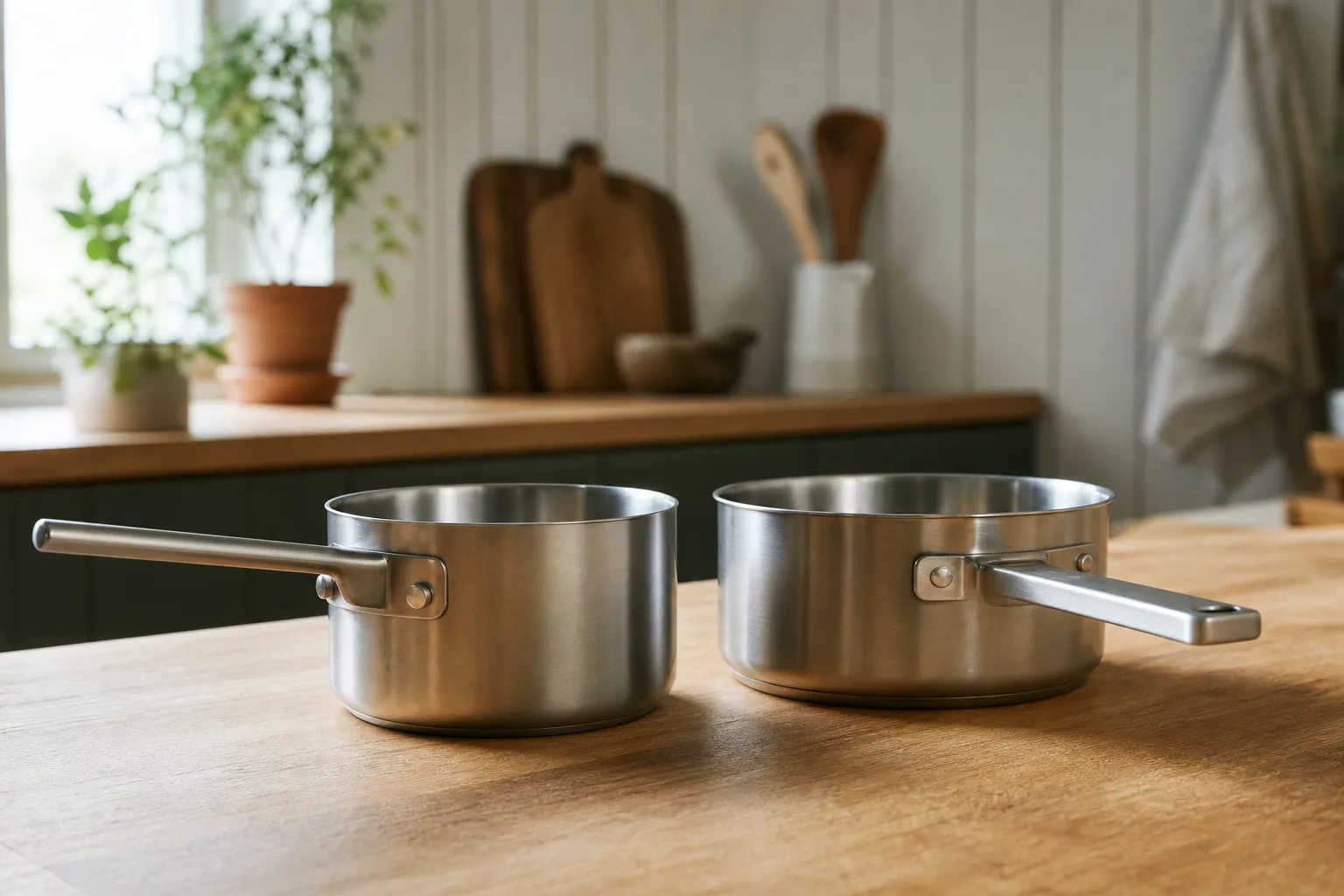 Två metallkastruller med olika handtag står på en bänk.