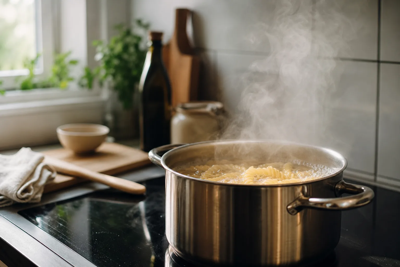 Ånga stiger ur en hög kastrull med pasta.
