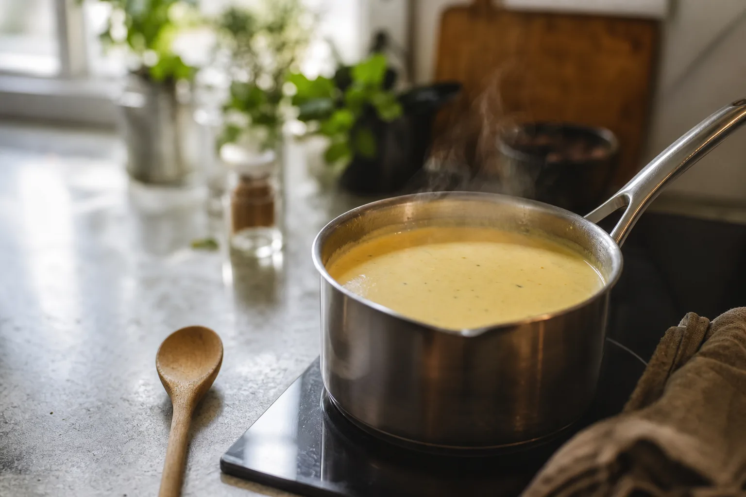 En liten kastrull med ljus sås på låg värme.