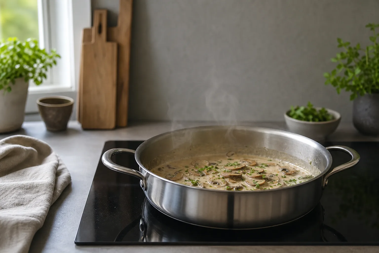 En bred sauteuse med svampsås på en induktionshäll.