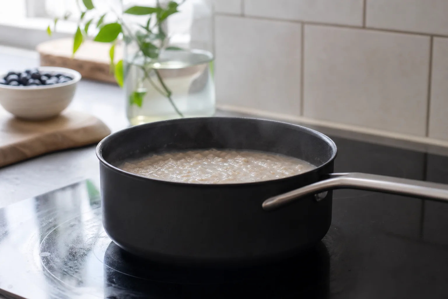 Gröt sjuder i en mörk kastrull med slät insida.