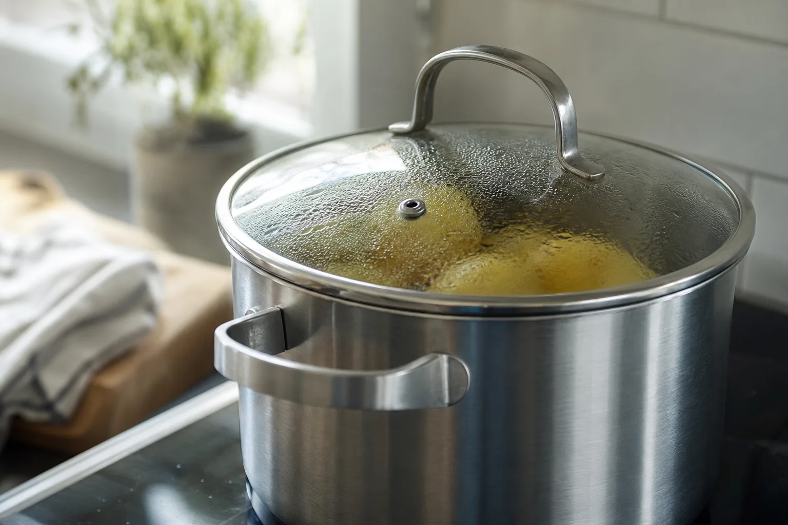 En borstad rostfri kastrull med lock och kokande potatis.