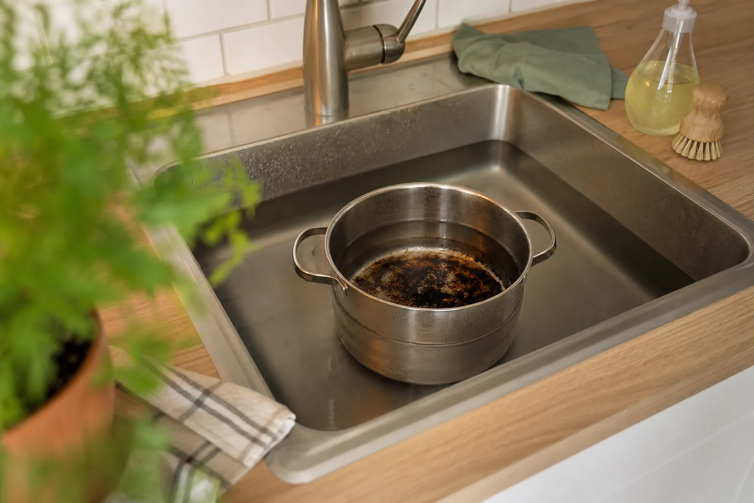 En kastrull med mörk bränd botten blötläggs i en diskho.