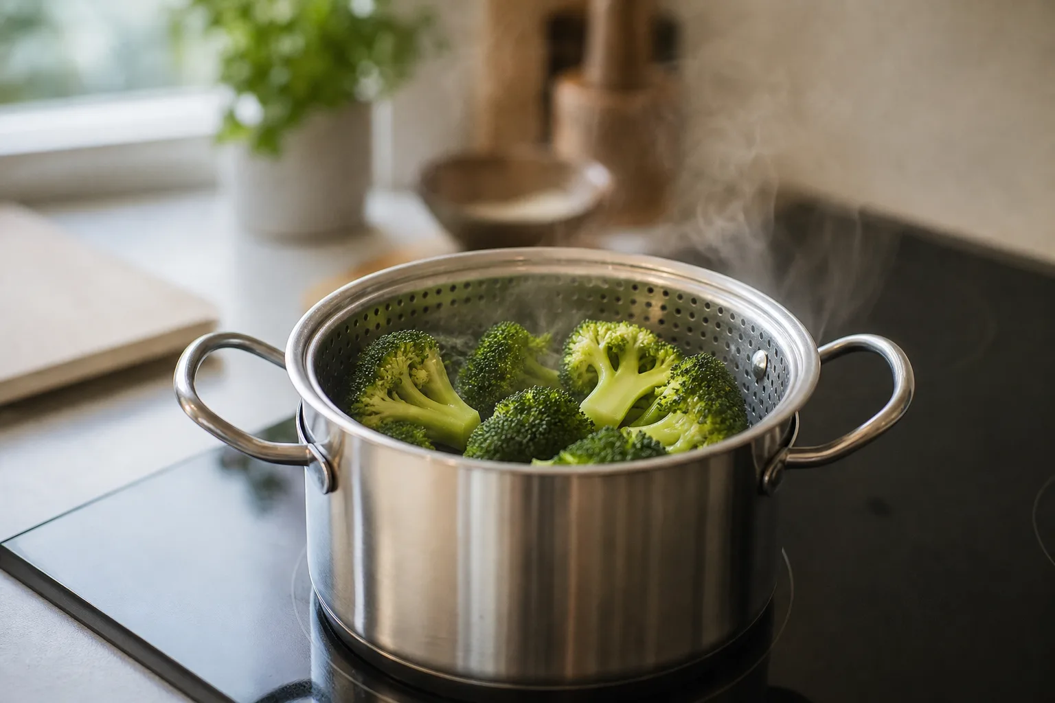 Broccoli ligger i en ångkokningsinsats i en kastrull.