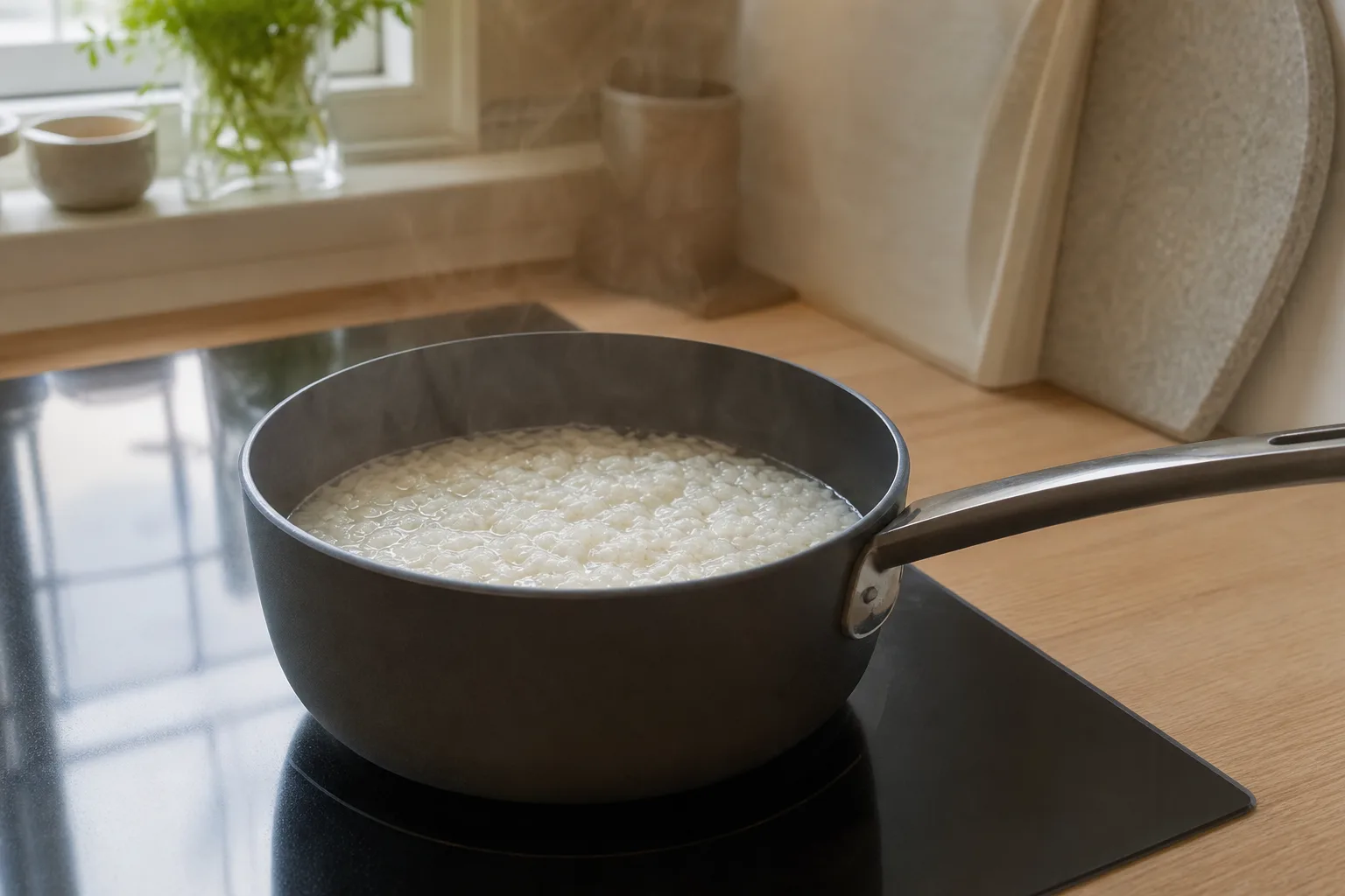 Ris sjuder i en kastrull med mörk insida.